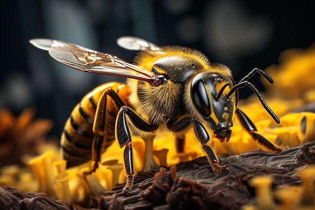 Immagine AI generativa dell'insetto dell'ape mellifera appollaiato su un fiore giallo