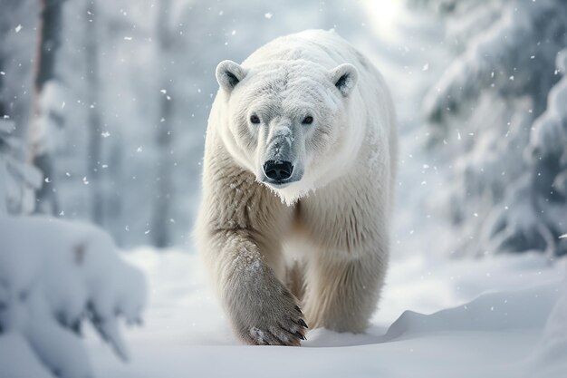 Immagine AI generativa dell'orso polare selvatico che cammina nella foresta durante la nevicata