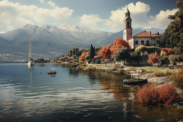 Immagine AI generativa della costruzione di una casa in riva al lago con vista sulle montagne in una giornata luminosa