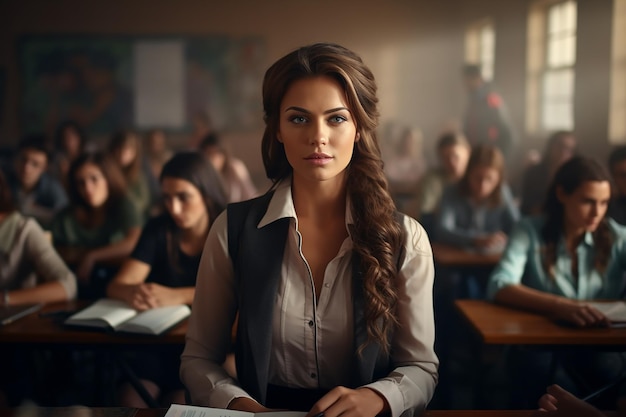 Immagine AI generativa della docente femminile con i capelli lunghi seduta in classe con gli studenti