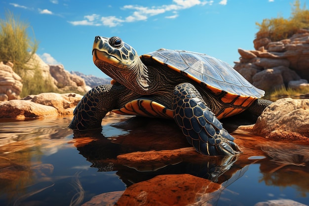 Immagine AI generativa della tartaruga che riposa sulla pietra della roccia nel fiume al giorno luminoso