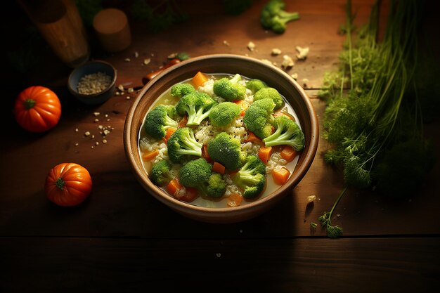 Immagine AI generativa della zuppa di verdure fresche servita in una ciotola di legno