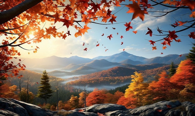 Immagine AI generativa delle montagne in autunno con paesaggio naturale in una giornata luminosa