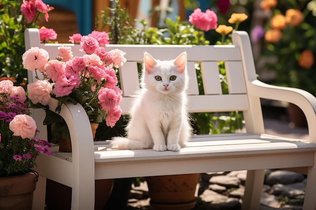 Immagine AI generativa di un bellissimo gatto bianco seduto su una panca di legno con piante da fiore
