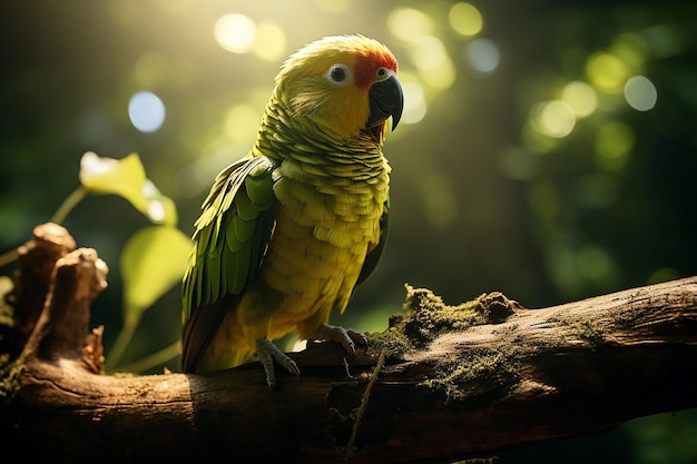 Immagine AI generativa di un pappagallo verde appollaiato sul ramo di un albero nella foresta