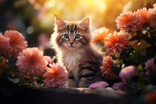 Immagine AI generativa di un simpatico gattino a strisce seduto in un giardino fiorito con fiori rosa