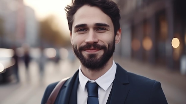 Immagine AI generativa di un uomo sorridente in abito da lavoro in una strada cittadina