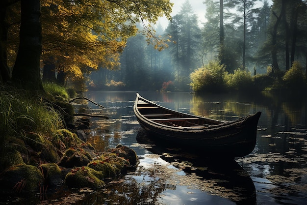 Immagine AI generativa di una barca nel lago della foresta, circondato da alberi verdi in una giornata luminosa
