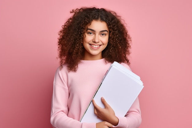 Immagine AI generativa di una bella studentessa felice in posa con quaderni isolati su rosa