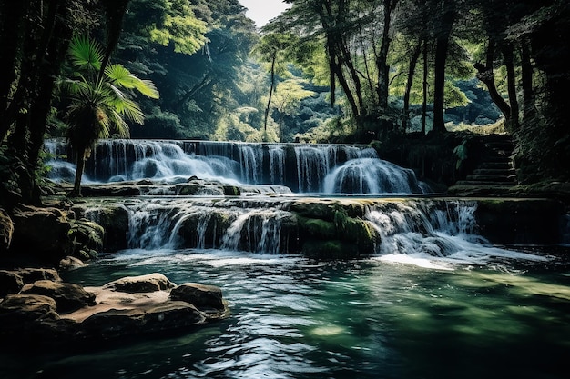 Immagine AI generativa di una cascata con acqua limpida che scorre nel fiume in una giornata di sole