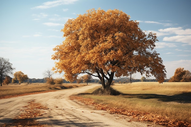 Immagine AI generativa di una strada con un albero autunnale in una giornata di sole