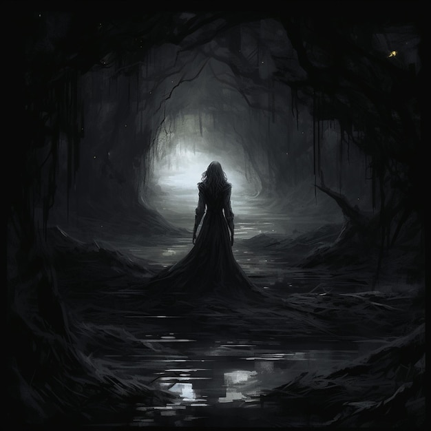 immagine araba di una donna con un abito lungo in piedi in una grotta buia ai generativa