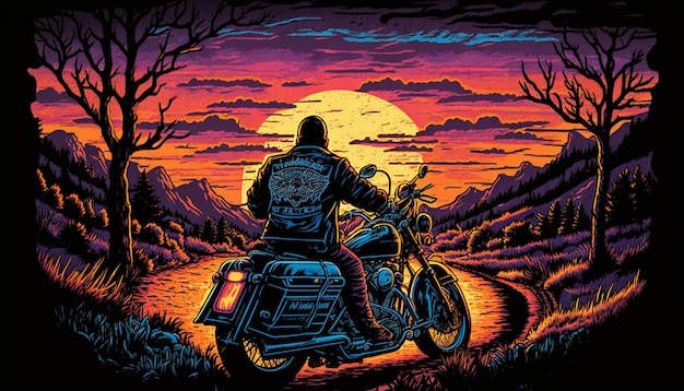 Immagine arafed di un uomo che guida una motocicletta nel tramonto generativo ai