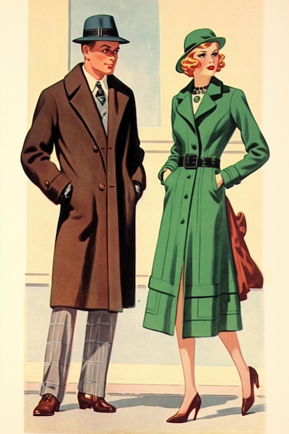 Immagine arafed di un uomo e di una donna in cappotti verdi e cappelli generativi ai