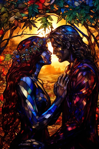 Immagine arafed di una coppia in vetro colorato che bacia l'ai generativa