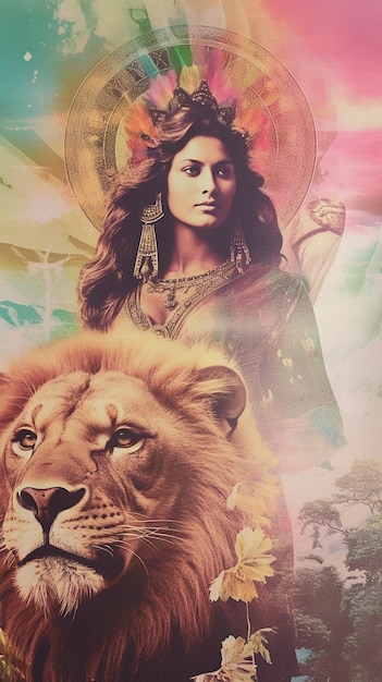 immagine arafed di una donna con un leone e un sole generativo ai