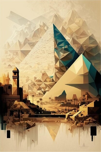 Immagine arafed di una piramide con una torre dell'orologio sullo sfondo generativo ai