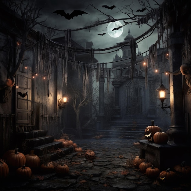 immagine arafed di una scena inquietante di Halloween con zucche e pipistrelli generativa ai