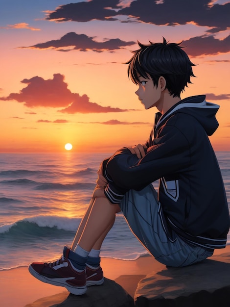 Immagine artistica dell'anime Boy sulla spiaggia guardando il tramonto