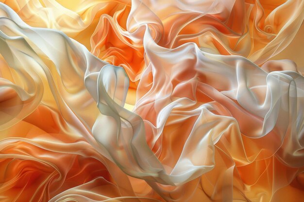 immagine astratta colorata dinamica che mostra onde di tessuto fluido in toni caldi di arancione giallo e bianco creando uno sfondo astratto organico e fluido e forme floreali