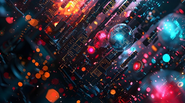 immagine astratta con luci colorate e colori brillanti nello stile di attrezzature futuristiche paesaggi urbani fotorealistici cryptopunk teal scuro e sfere luminose rosse