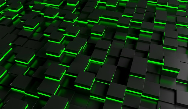 Immagine astratta del fondo dei cubi nella luce verde. Illustrazione di rendering 3D