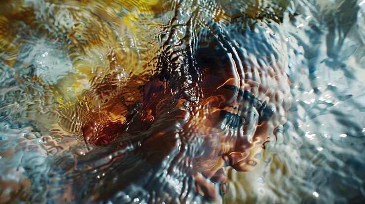 Foto immagine astratta del viso di una persona dietro l'acqua che crea un effetto surreale e artistico con colori vivaci e texture fluidi