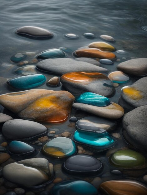 Immagine astratta di ciottoli colorati su una spiaggia oceanica