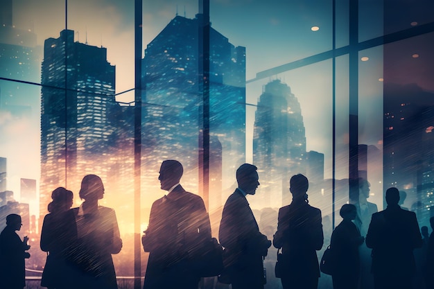 Immagine astratta di molti uomini d'affari insieme in gruppo sullo sfondo della vista sulla città con edificio per uffici AI generativo