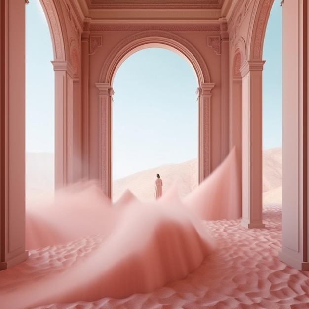 immagine astratta di una donna in piedi in una stanza rosa ai generativa