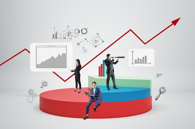 Immagine astratta di uomini d'affari con grafico a torta creativo su sfondo bianco Finanza gestione aziendale e concetto di ricerca di mercato