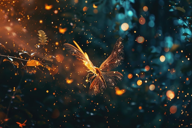 Immagine astratta e magica di luccicante lucciola che vola nella foresta notturna concetto di favola