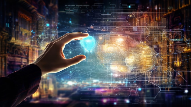 Immagine astratta futuristica della mano umana che tocca un ambiente digitale di informazioni Mano permeata da impulsi digitali in contatto con tecnologie virtuali AI concetto di digitalizzazione del metaverso