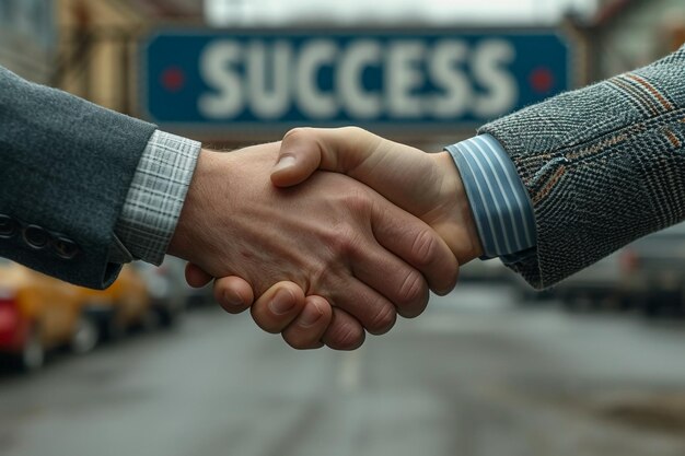 Immagine aziendale di mani che si stringono le mani sullo sfondo un cartello che dice SUCCESS AI generative