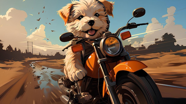 Immagine cartoonizzata di un cucciolo in sella a una moto IA generativa