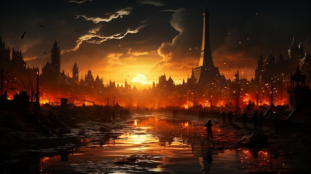 immagine che rappresenta una città distrutta da un incendio