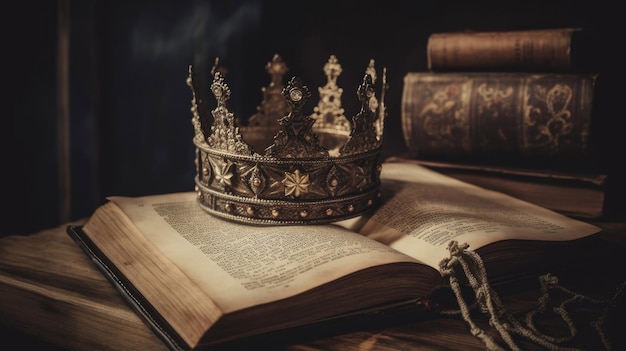 Immagine chiave bassa della bella corona del re sul libro antico con tecnologia generativa AI
