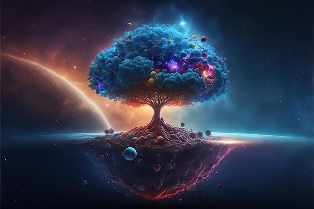 Immagine chiave dell'albero della vita colorato di fronte a una galassia, universo, cristalli e nebulose, supernova,