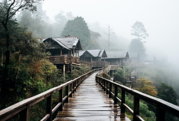 Immagine cinematografica di un vecchio ponte di legno decomposto in un villaggio rurale, umidità dell'aria Ai generativa