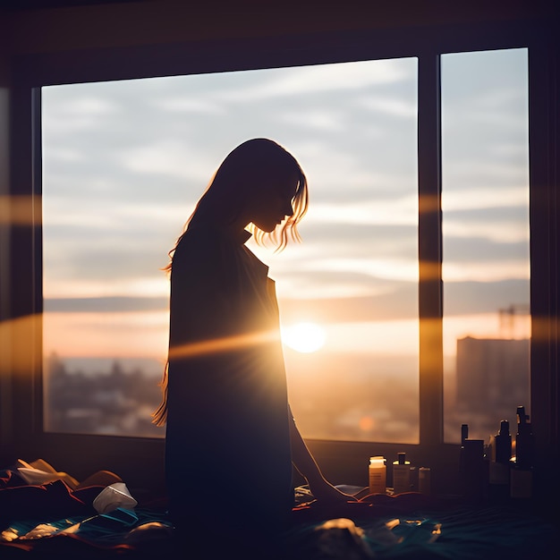 Immagine cinematografica lunatica di una persona femminile sola triste in piedi vicino alla finestra della camera da letto dell'appartamento al tramonto ai generativo