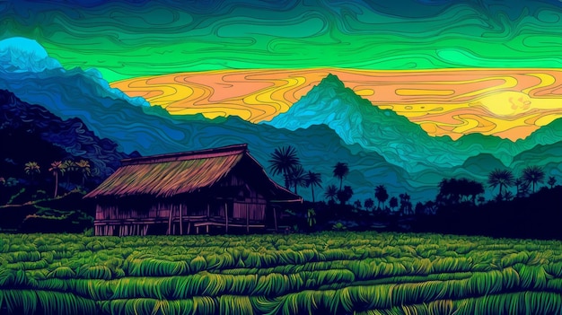 Immagine colorata dell'illustrazione di stile della casa di notte della risaia Arte generata da AI