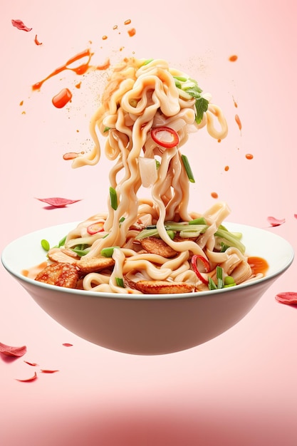 Immagine commerciale di un piatto di noodle udon su uno sfondo rosa generazione di IA