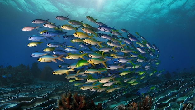 Immagine completa di nuoto con i pesci