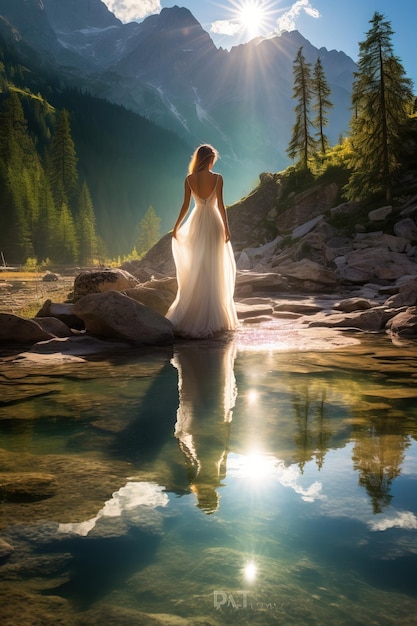 immagine completa di una bellissima immagine in abito da sposa ora d'oro fiori selvatici montagne vista posteriore AI generativa