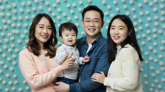 Immagine completa di una giovane famiglia asiatica sullo sfondo