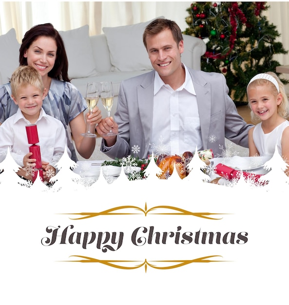 Immagine composita dei genitori che tostano con il vino nella cena di Natale