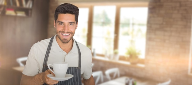 Immagine composita del cameriere che dà una tazza di caffè