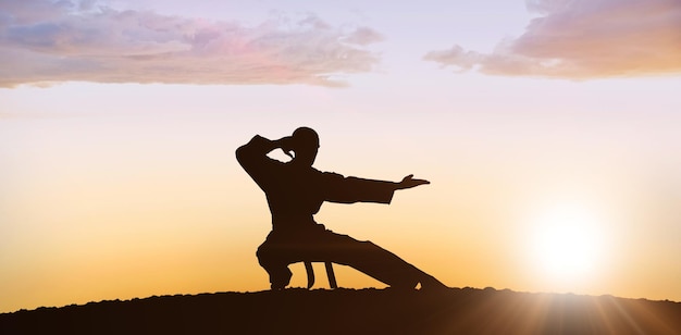 Immagine composita del combattente che esegue la posizione di karate