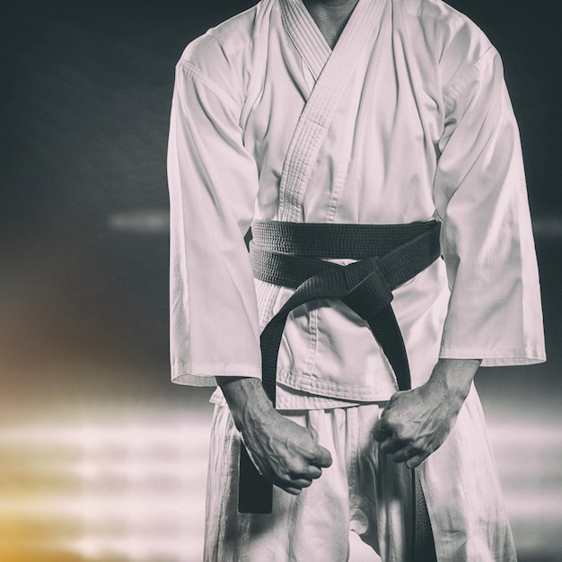 Immagine composita del combattente che esegue la posizione di karate