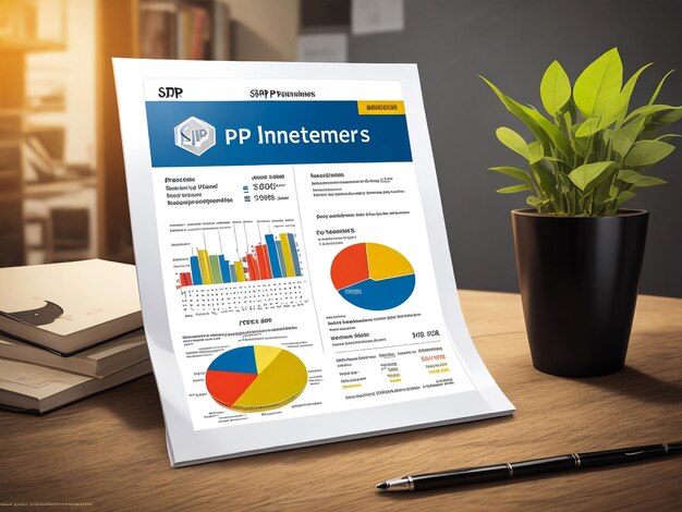 Immagine composita di analisi aziendali nella penna e nel blocco dell'ufficio con stampe di dati digitali e grafici sulla scrivania